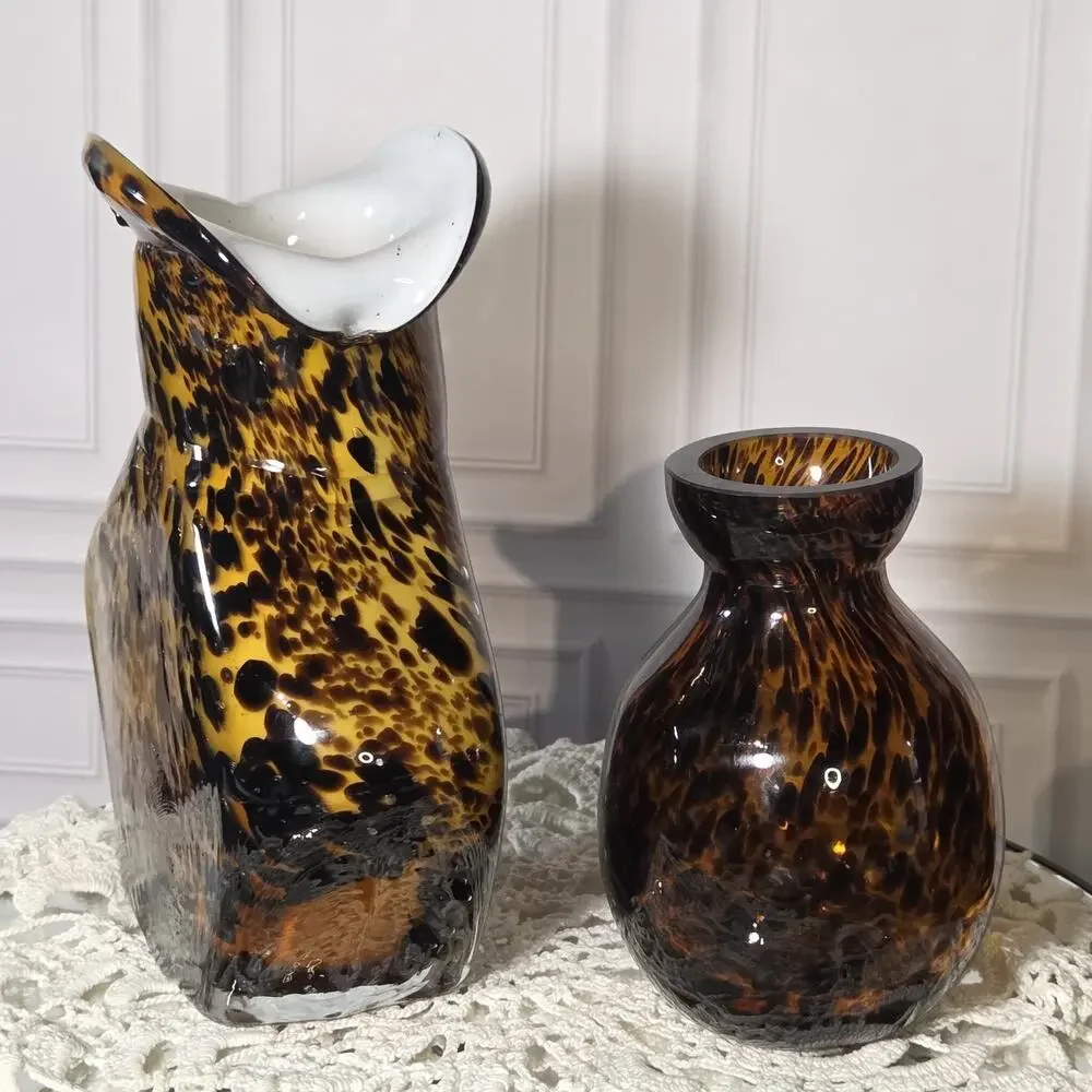 Vintage Estate Murano Style Hand Blown Art Glass Vases Tortoiseshell Patterns